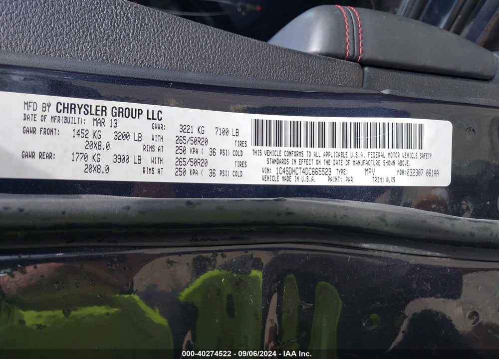 2013 DODGE DURANGO R/T VIN: 1C4SDHCT4DC665523