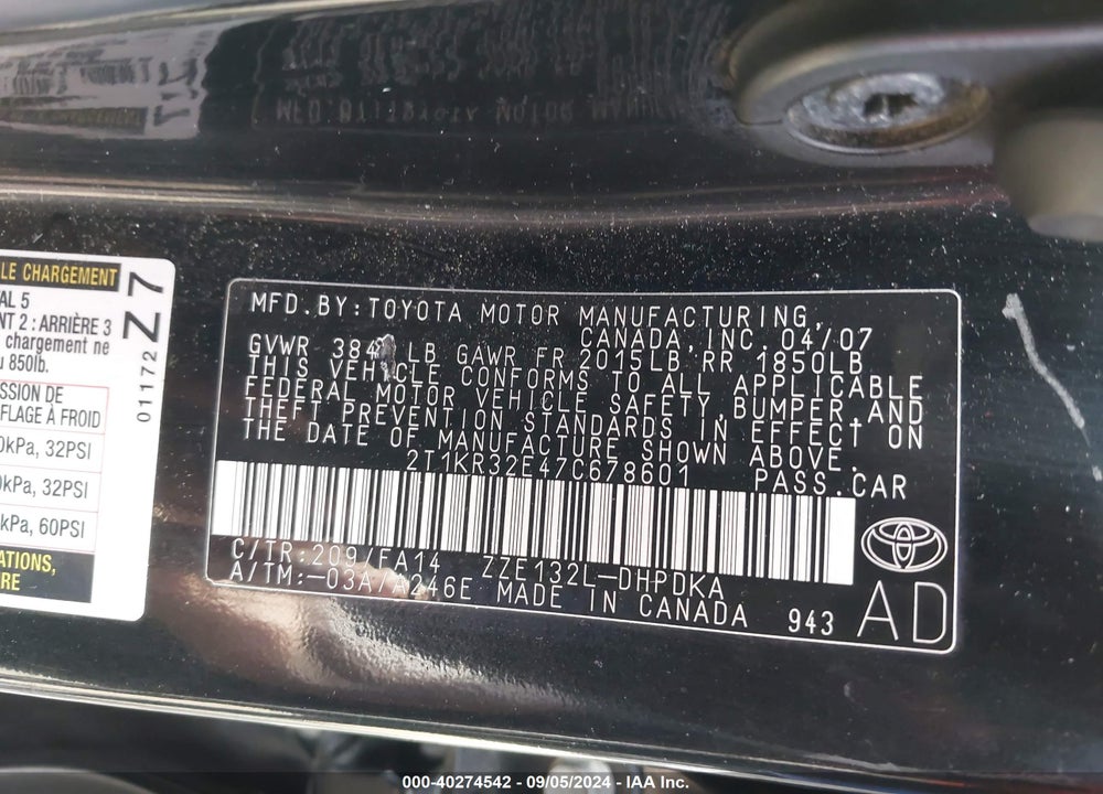 2007 TOYOTA MATRIX VIN: 2T1KR32E47C678601