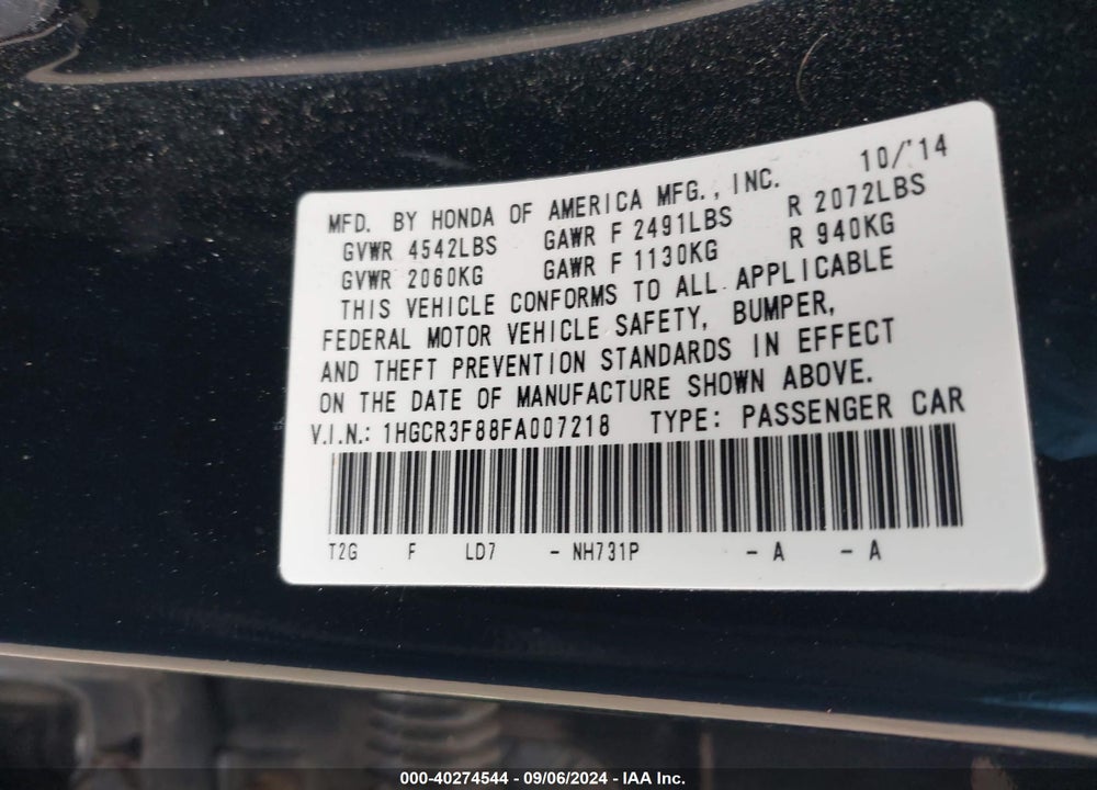 2015 HONDA ACCORD EX-L V-6 VIN: 1HGCR3F88FA007218