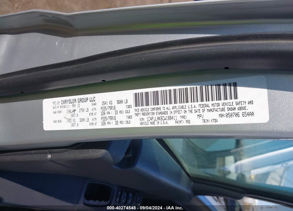 2012 JEEP LIBERTY VIN: 1C4PJLAK6CW188411