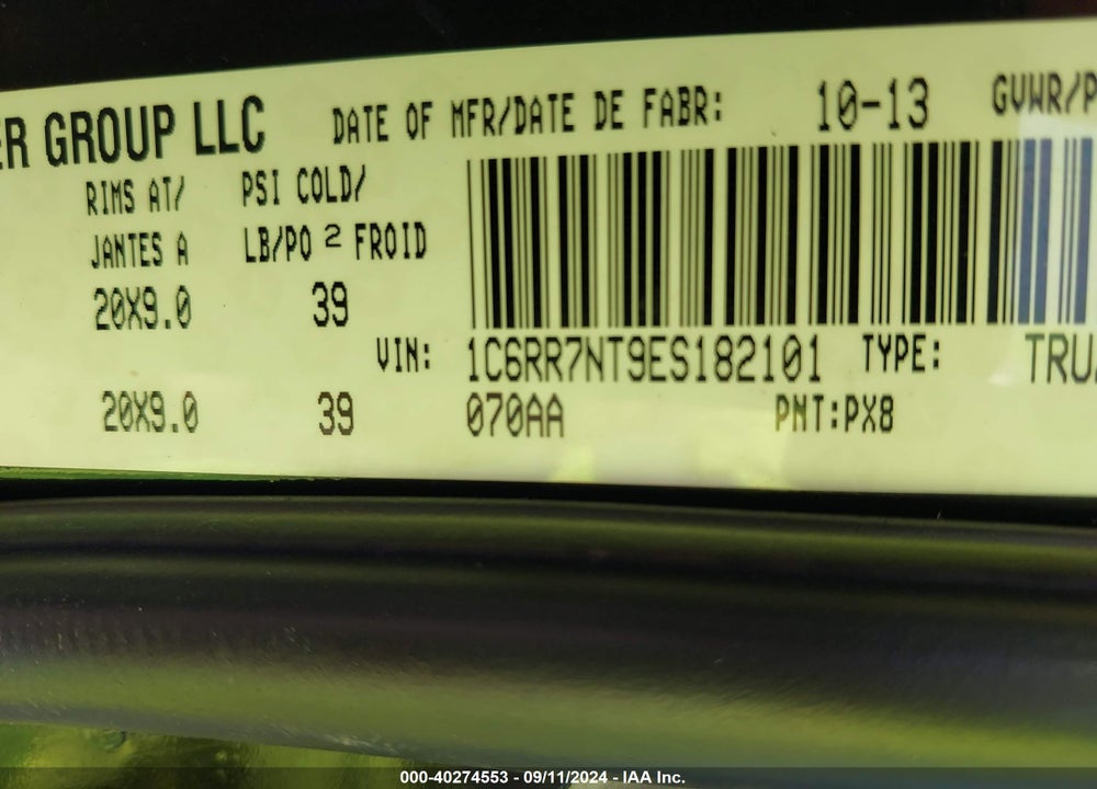 2014 RAM 1500 LAIE VIN: 1C6RR7NT9ES182101