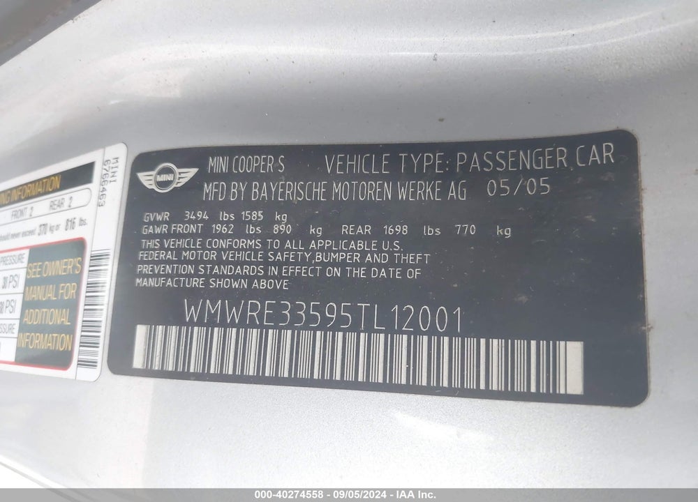 2005 MINI COOPER S VIN: WMWRE33595TL12001