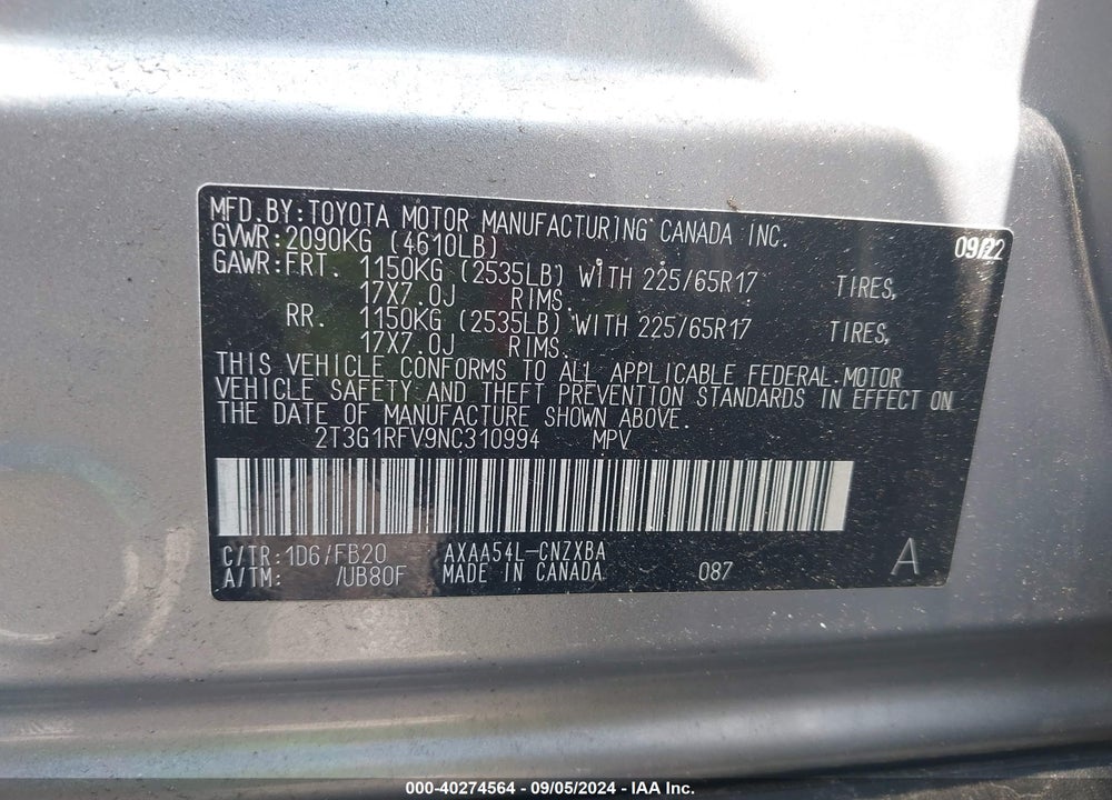 2022 TOYOTA RAV4 LE VIN: 2T3G1RFV9NC310994