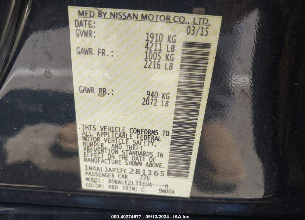 2015 NISSAN ALTIMA 2.5/2.5 S/2.5 SL/2.5 SV VIN: 1N4AL3AP1FC281165