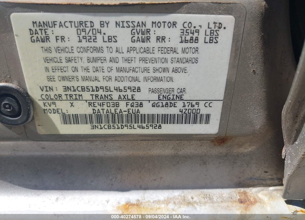 2005 NISSAN SENTRA 1.8S VIN: 3N1CB51D95L465928