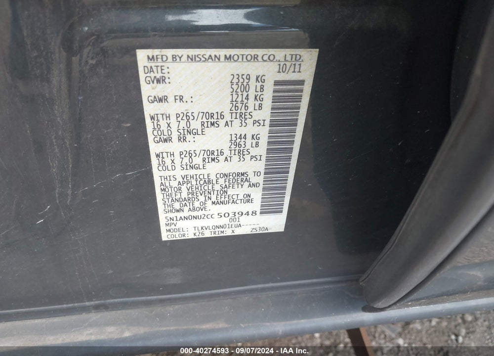 2012 NISSAN XTERRA X VIN: 5N1AN0NU2CC503948