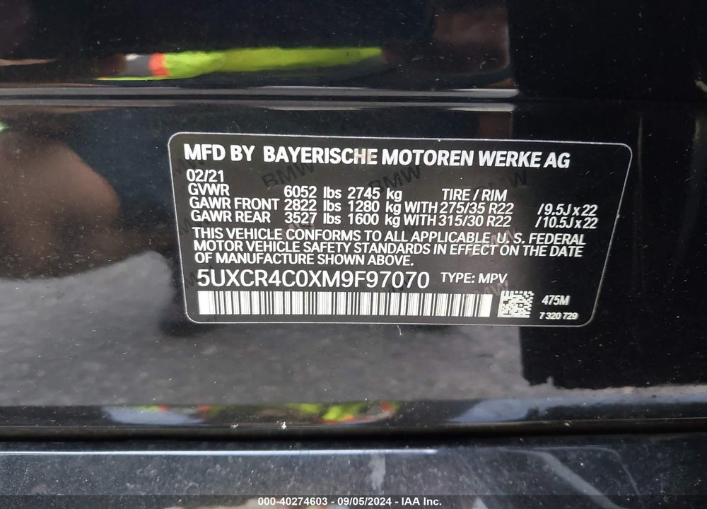 2021 BMW X5 SDRIVE40I VIN: 5UXCR4C0XM9F97070