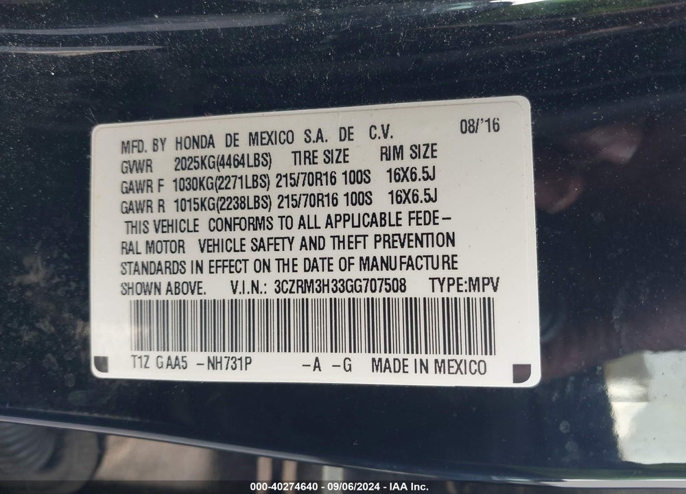 2016 HONDA CR-V LX VIN: 3CZRM3H33GG707508