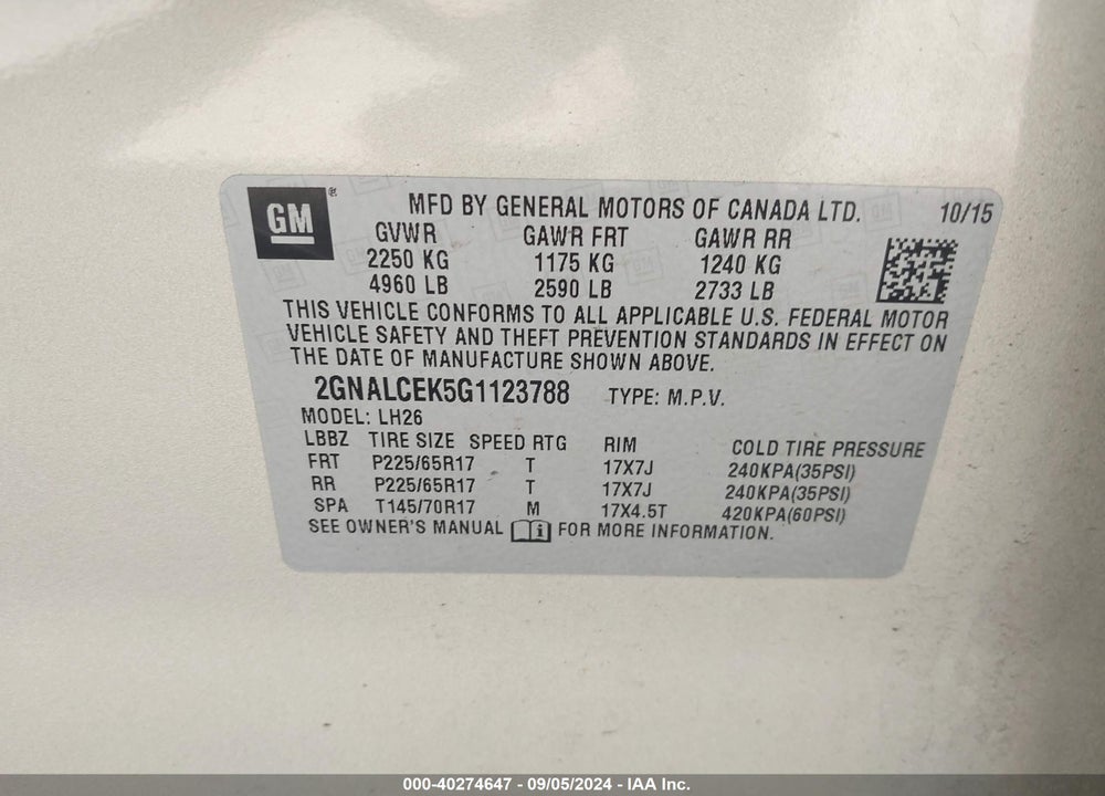 2016 CHEVROLET EQUINOX LT VIN: 2GNALCEK5G1123788