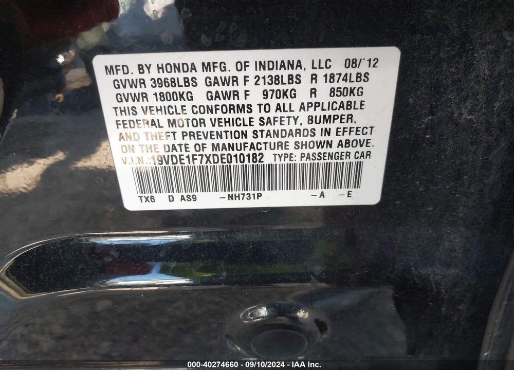 2013 ACURA ILX 2.0L VIN: 19VDE1F7XDE010182