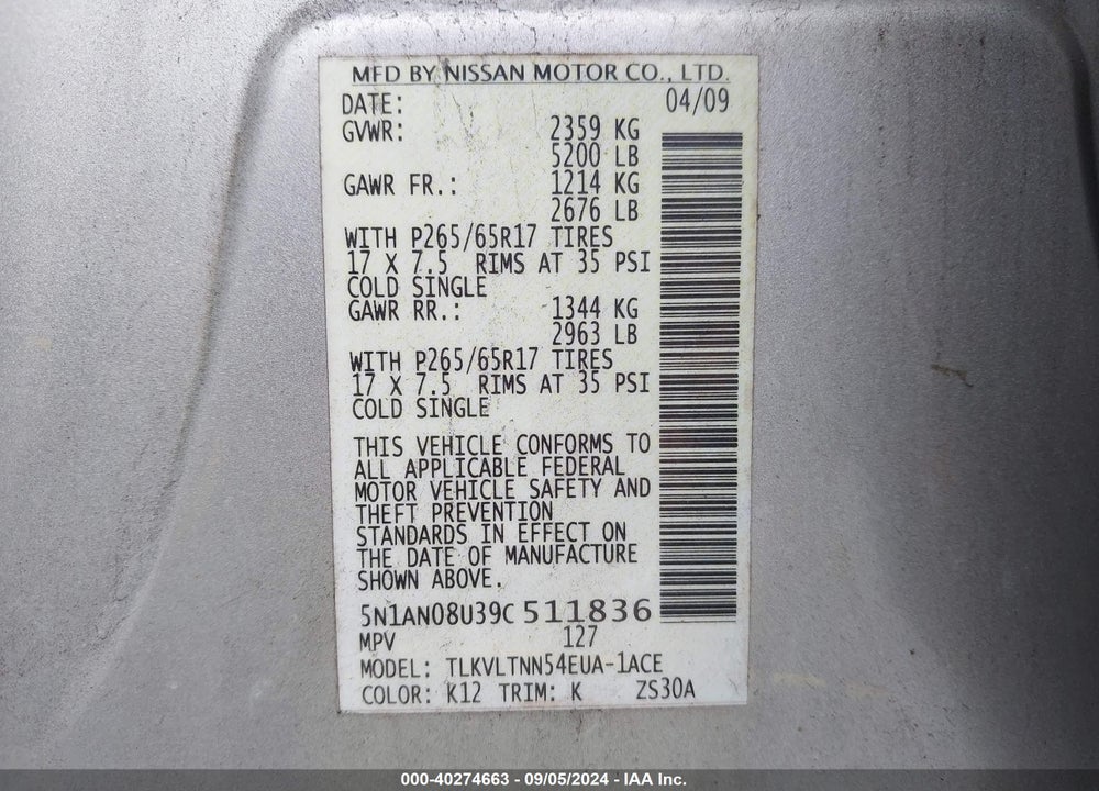 2009 NISSAN XTERRA SE VIN: 5N1AN08U39C511836