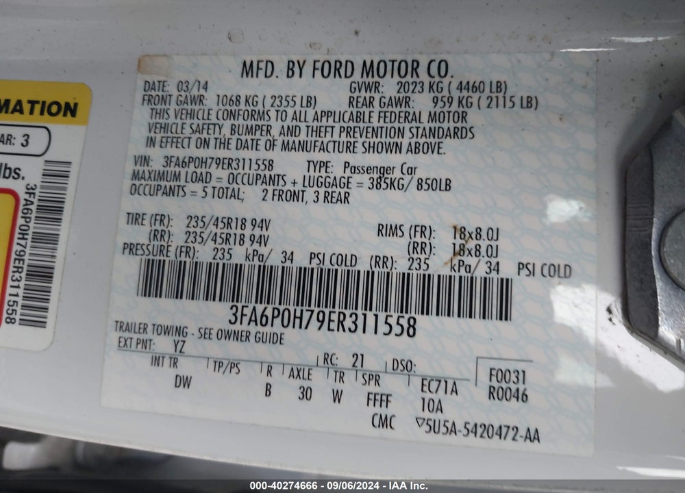 2014 FORD FUSION SE VIN: 3FA6P0H79ER311558