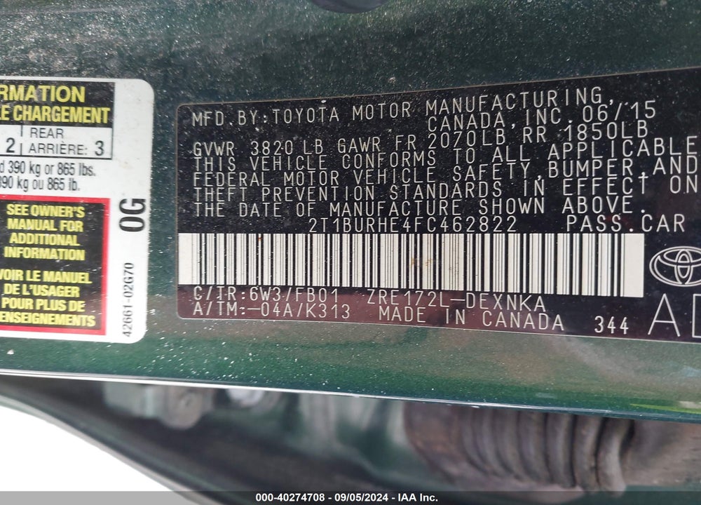 2015 TOYOTA COROLLA LE VIN: 2T1BURHE4FC462822