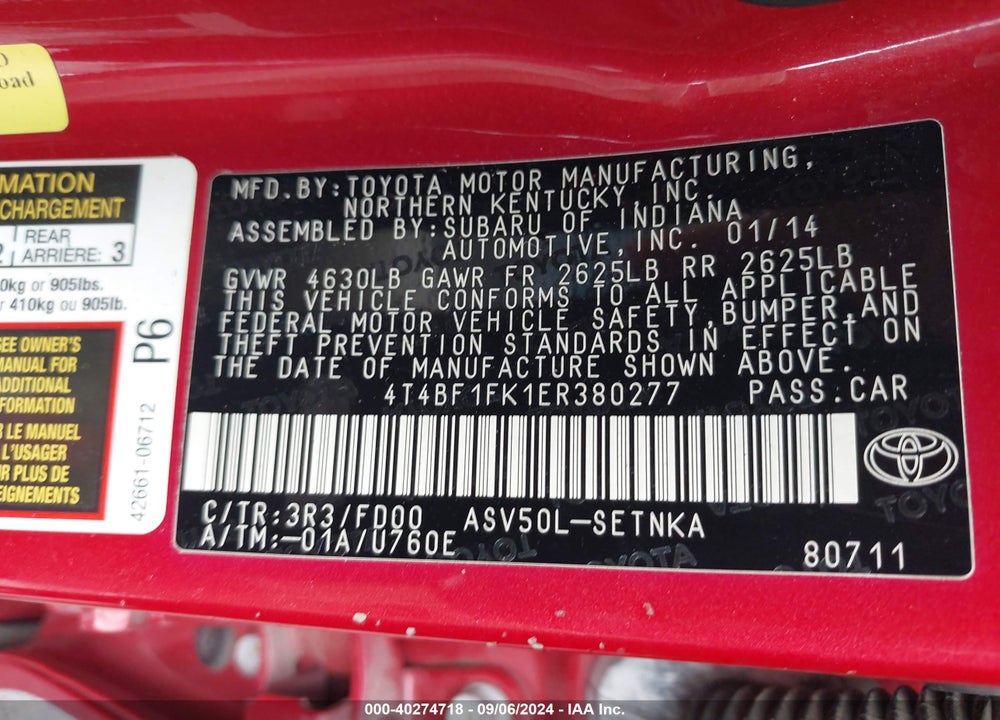 2014 TOYOTA CAMRY LE VIN: 4T4BF1FK1ER380277