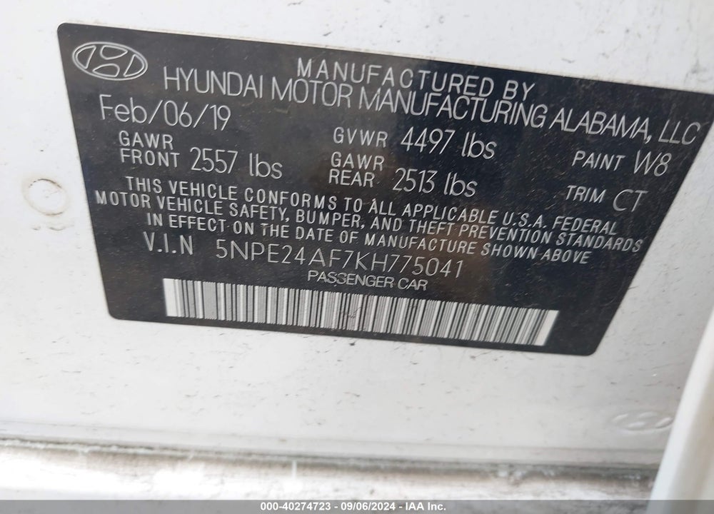 2019 HYUNDAI SONATA SE VIN: 5NPE24AF7KH775041