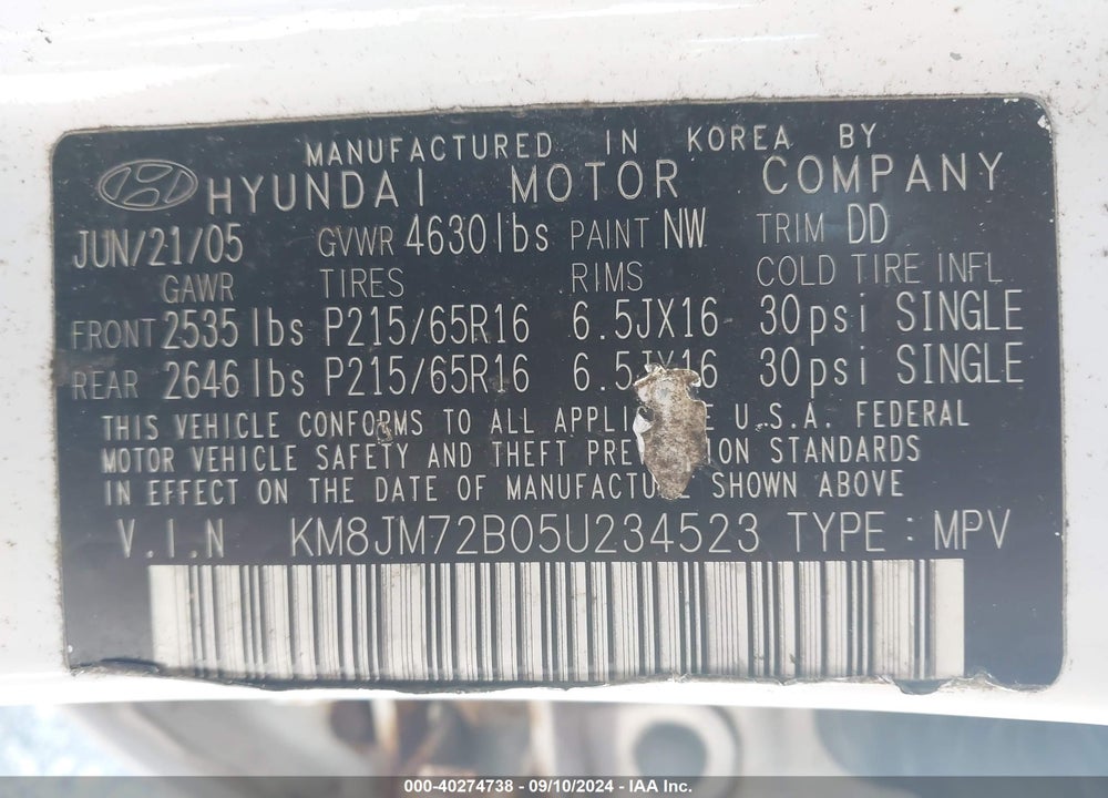 2005 HYUNDAI TUCSON GL VIN: KM8JM72B05U234523