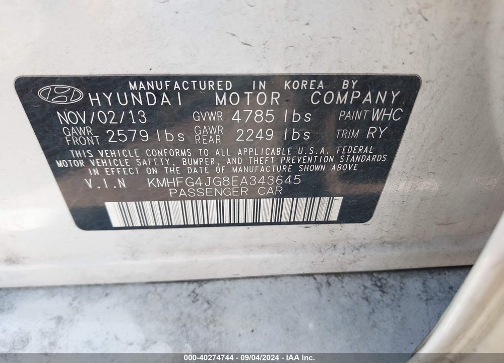 2014 HYUNDAI AZERA VIN: KMHFG4JG8EA343645