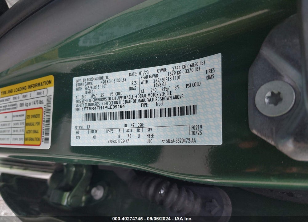 2023 FORD RANGER LARIAT VIN: 1FTER4FH1PLE09164