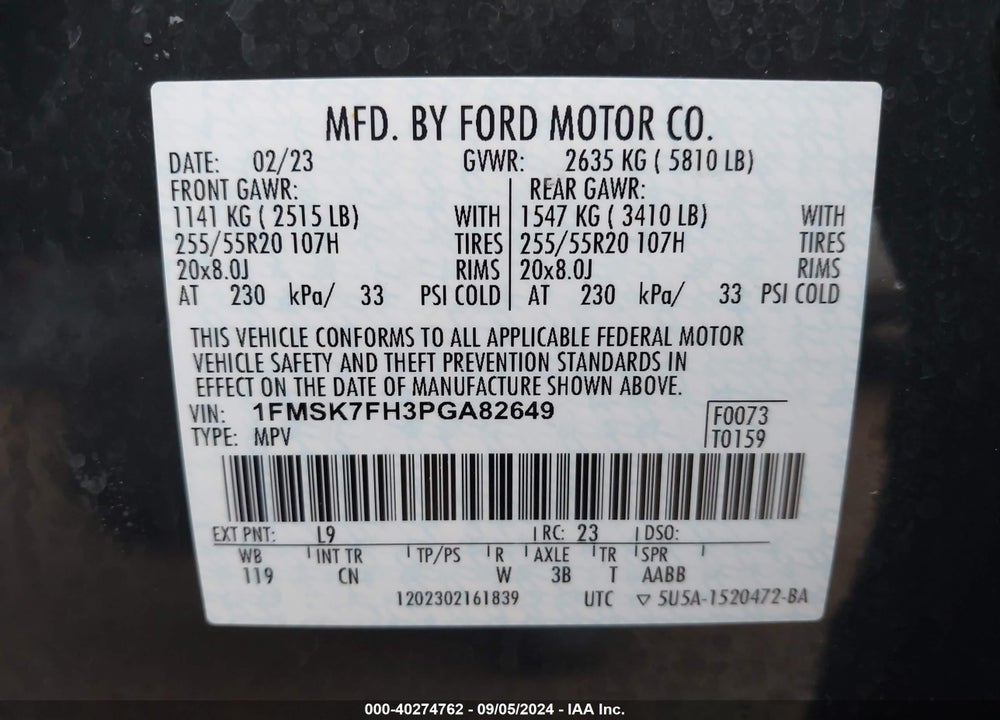 2023 FORD EXPLORER LIMITED VIN: 1FMSK7FH3PGA82649