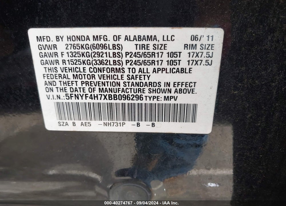 2011 HONDA PILOT EX-L VIN: 5FNYF4H7XBB096296