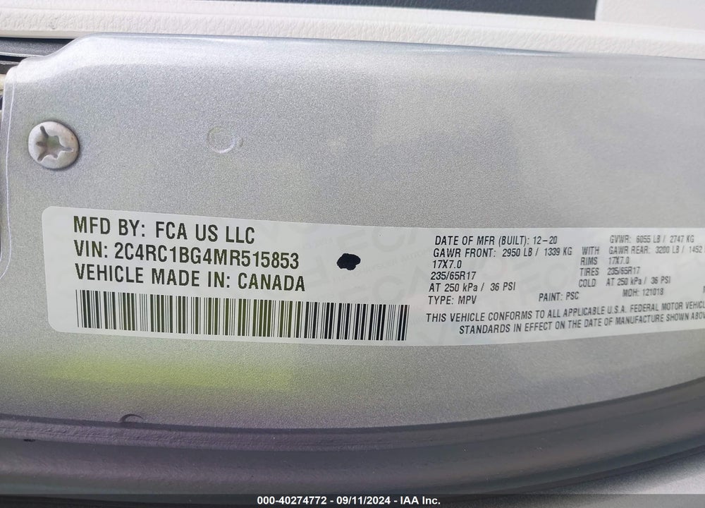 2021 CHRYSLER PACIFICA TOURING L VIN: 2C4RC1BG4MR515853