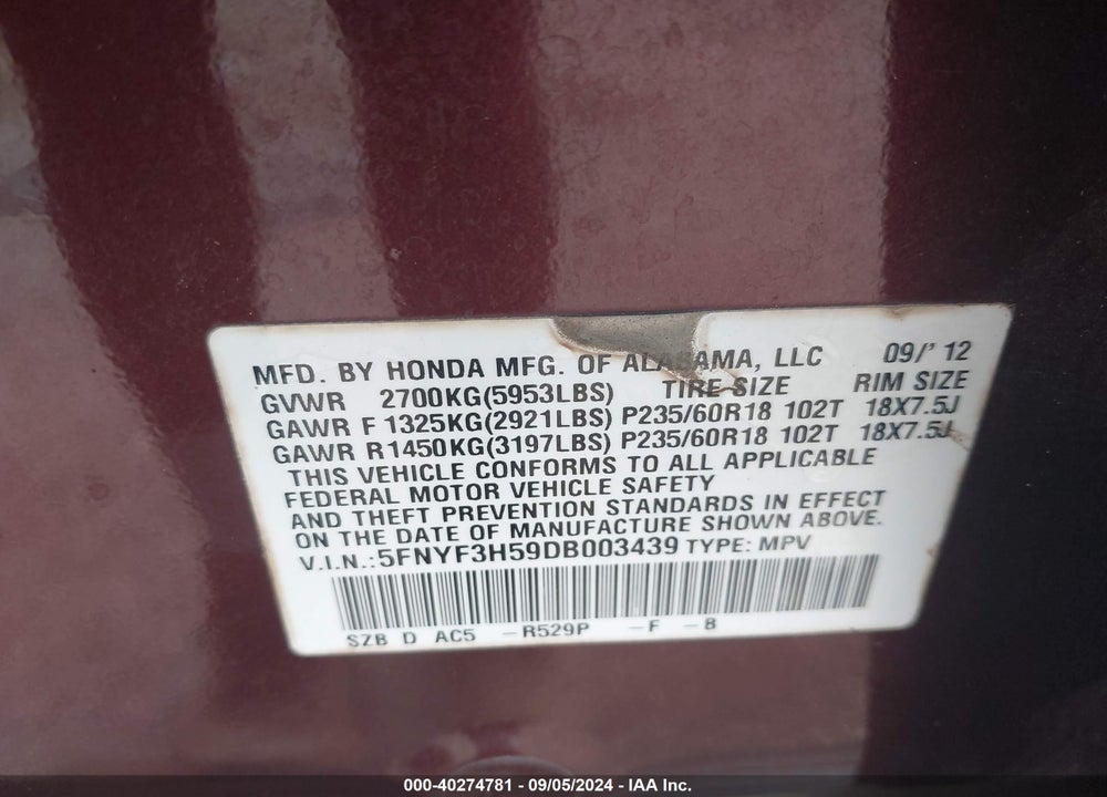 2013 HONDA PILOT EX-L VIN: 5FNYF3H59DB003439