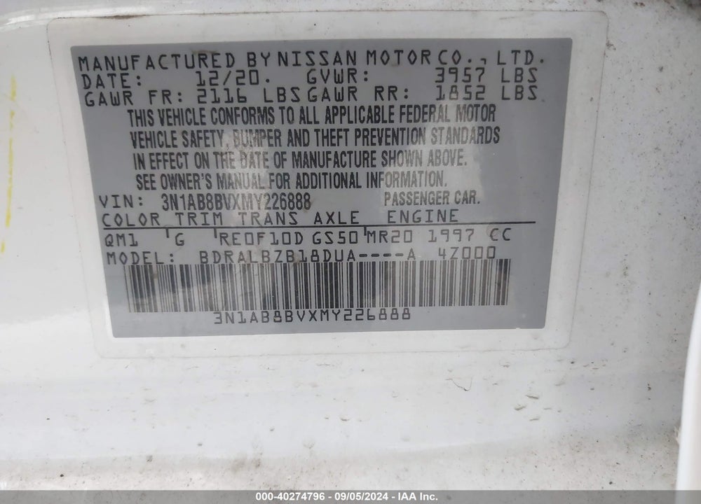 2021 NISSAN SENTRA S XTRONIC CVT VIN: 3N1AB8BVXMY226888
