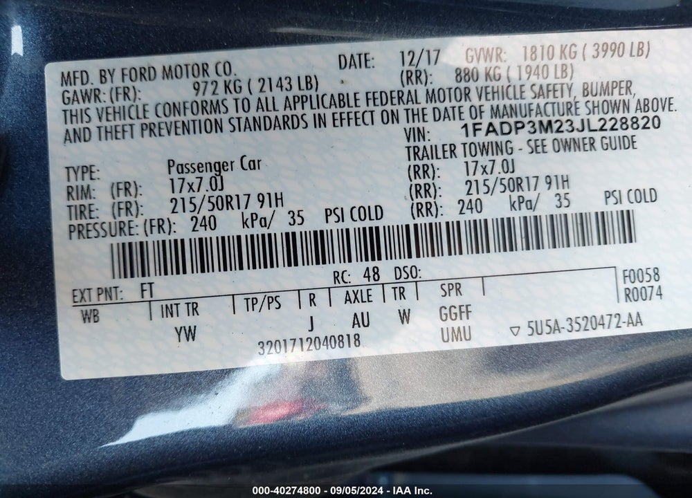 2018 FORD FOCUS SEL VIN: 1FADP3M23JL228820