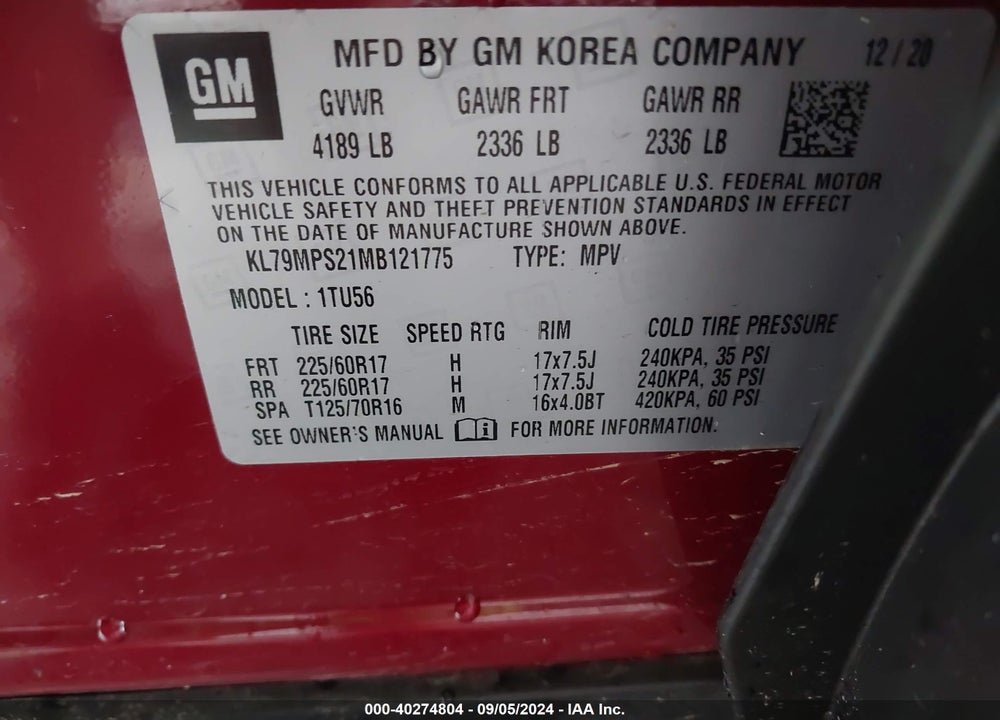 2021 CHEVROLET TRAILBLAZER FWD LT VIN: KL79MPS21MB121775