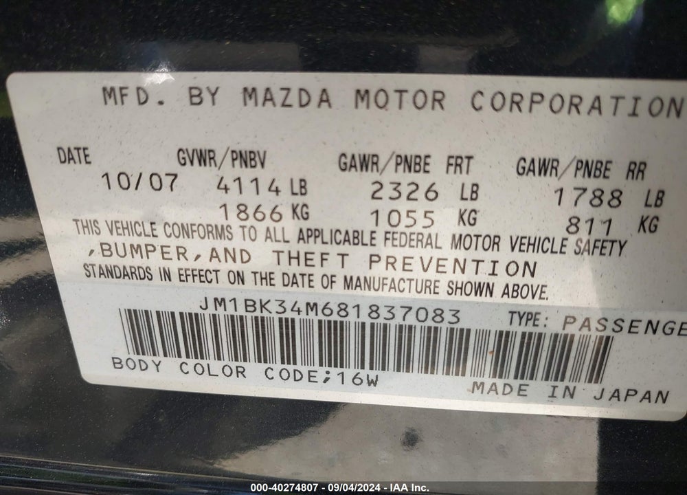 2008 MAZDA SPEED3 SPORT VIN: JM1BK34M681837083