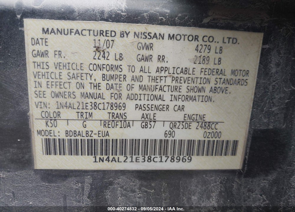 2008 NISSAN ALTIMA 2.5 S VIN: 1N4AL21E38C178969