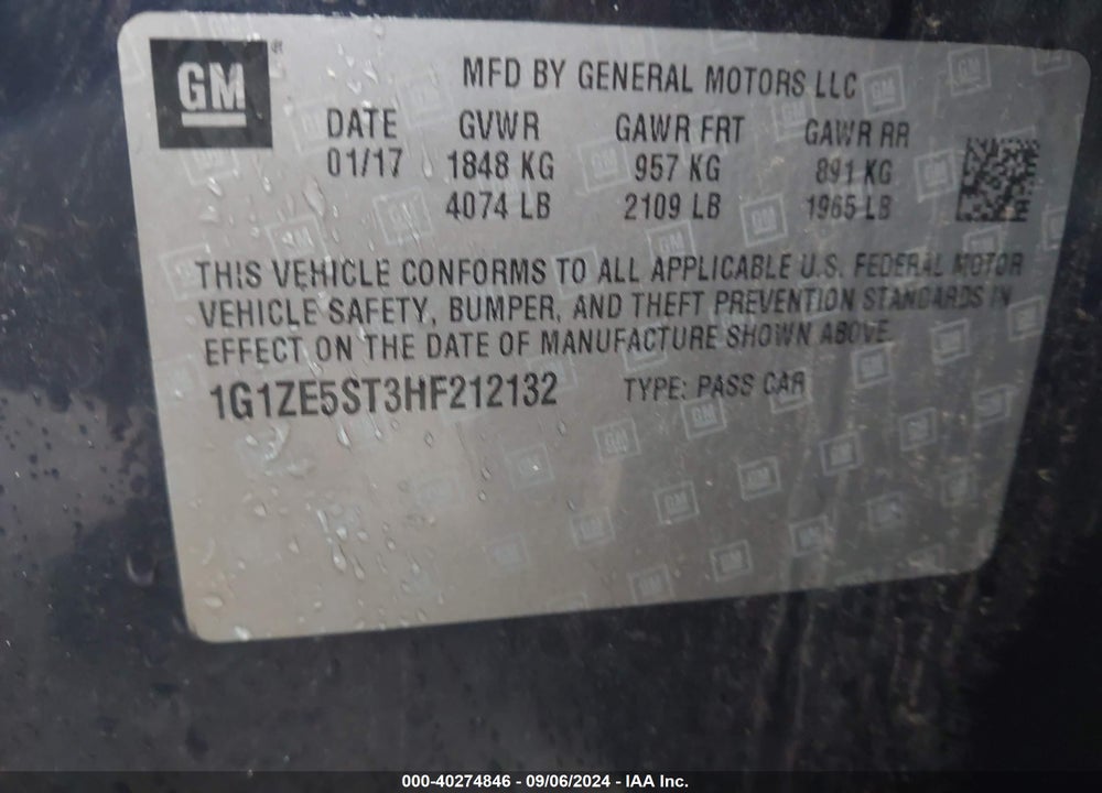 2017 CHEVROLET MALIBU 1LT VIN: 1G1ZE5ST3HF212132