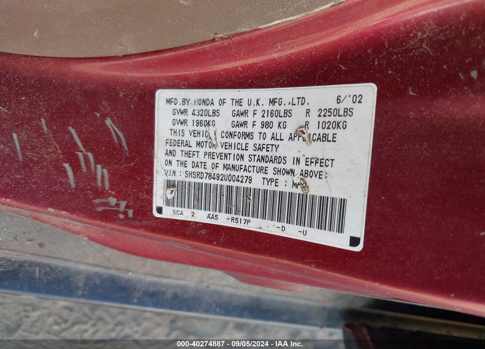 2002 HONDA CR-V LX VIN: SHSRD78492U004279