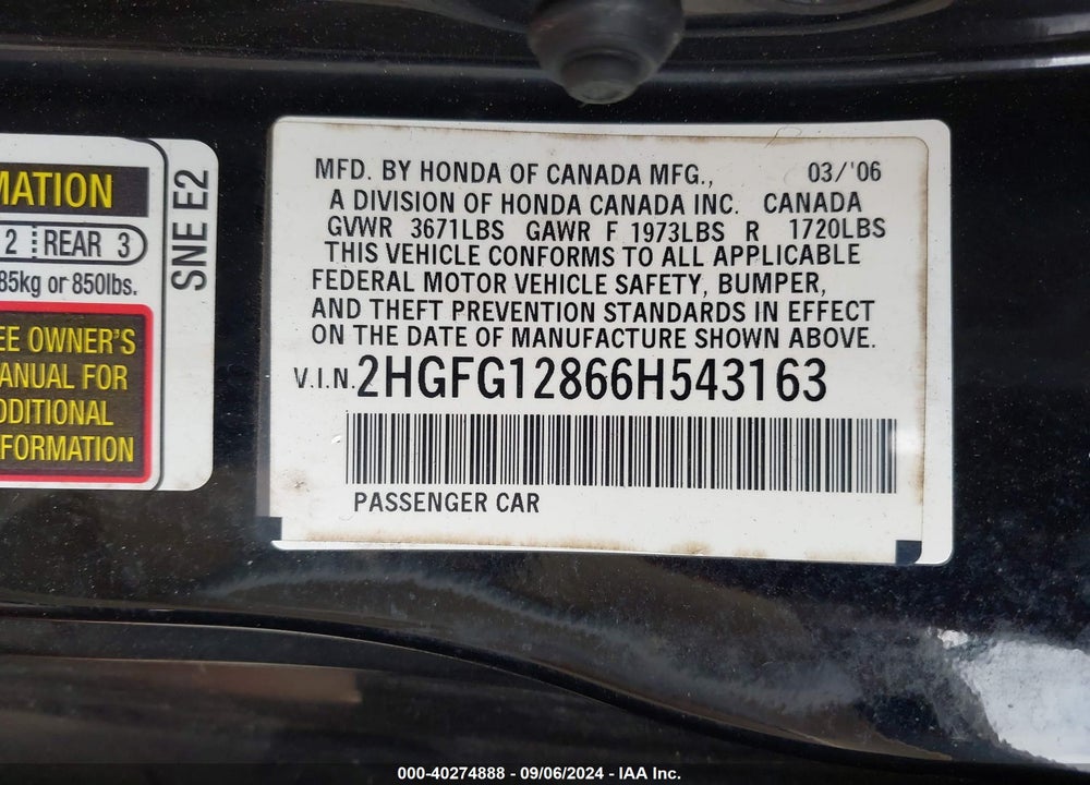 2006 HONDA CIVIC EX VIN: 2HGFG12866H543163