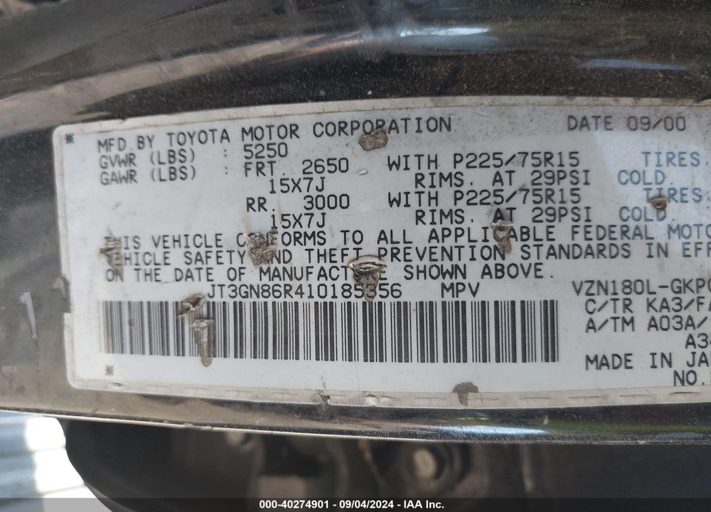 2001 TOYOTA 4RUNNER SR5 V6 VIN: JT3GN86R410185356