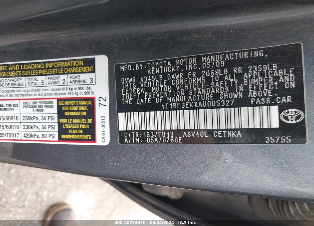2010 TOYOTA CAMRY LE VIN: 4T1BF3EKXAU005327