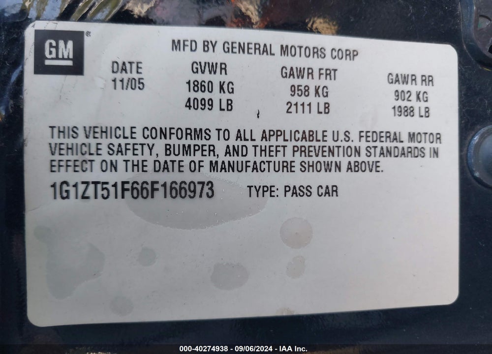2006 CHEVROLET MALIBU LT VIN: 1G1ZT51F66F166973