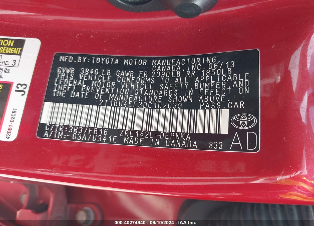 2013 TOYOTA COROLLA LE VIN: 2T1BU4EE3DC102039