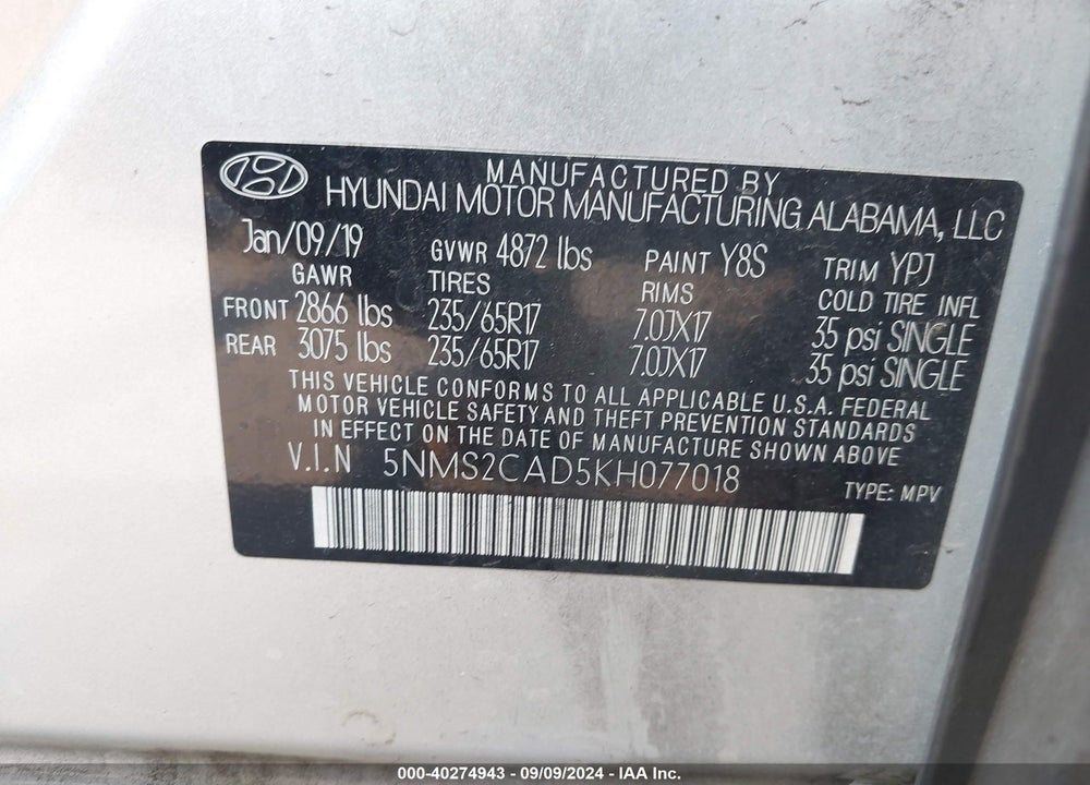 2019 HYUNDAI SANTA FE SE VIN: 5NMS2CAD5KH077018