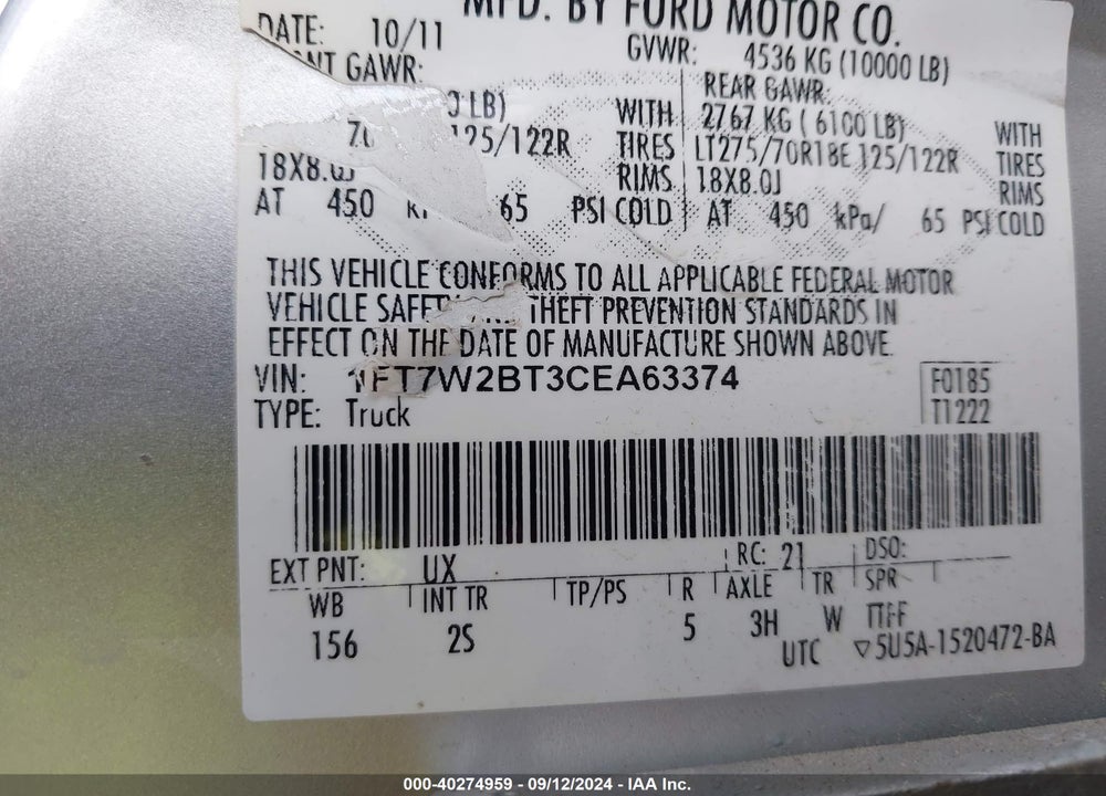 2012 FORD F-250 XLT VIN: 1FT7W2BT3CEA63374