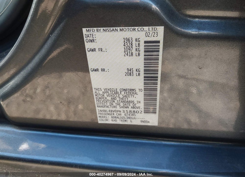 2023 NISSAN ALTIMA S FWD VIN: 1N4BL4BV0PN358802