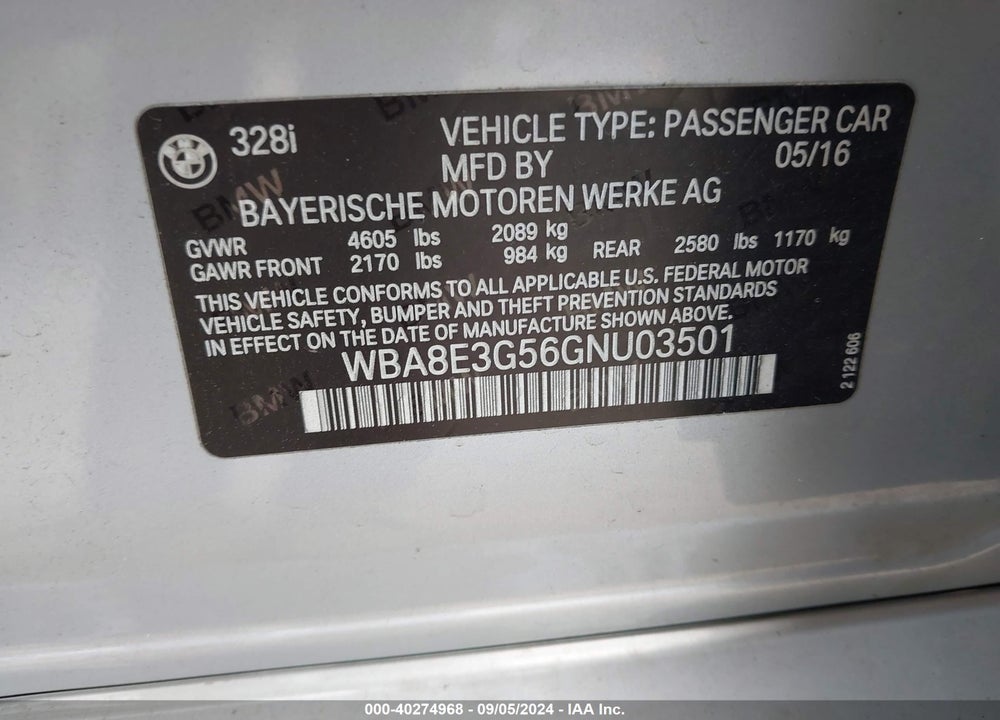 2016 BMW 328I XDRIVE VIN: WBA8E3G56GNU03501