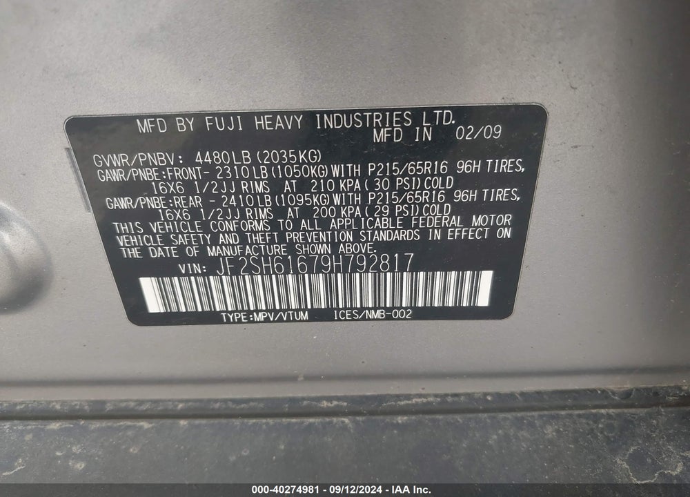 2009 SUBARU FORESTER 2.5X VIN: JF2SH61679H792817