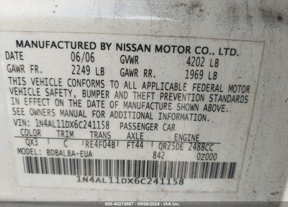 2006 NISSAN ALTIMA 2.5 S VIN: 1N4AL11DX6C241158