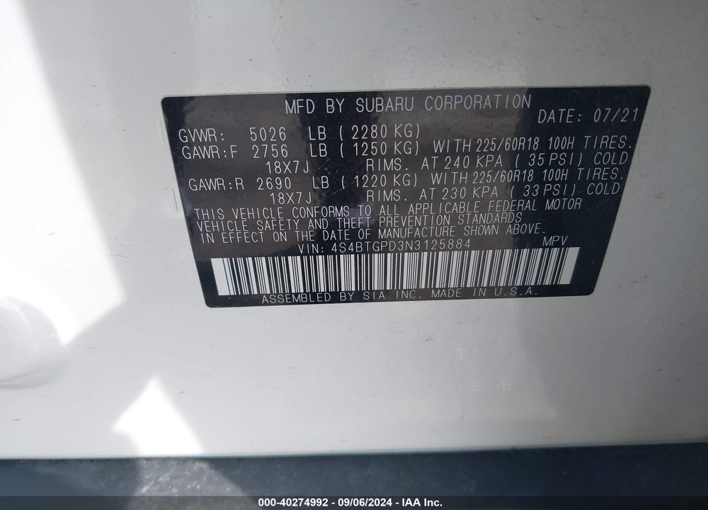 2022 SUBARU OUTBACK TOURING XT VIN: 4S4BTGPD3N3125884