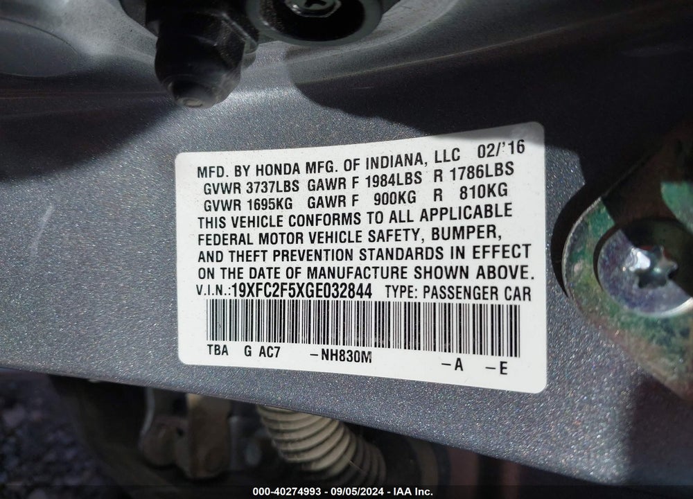 2016 HONDA CIVIC LX VIN: 19XFC2F5XGE032844