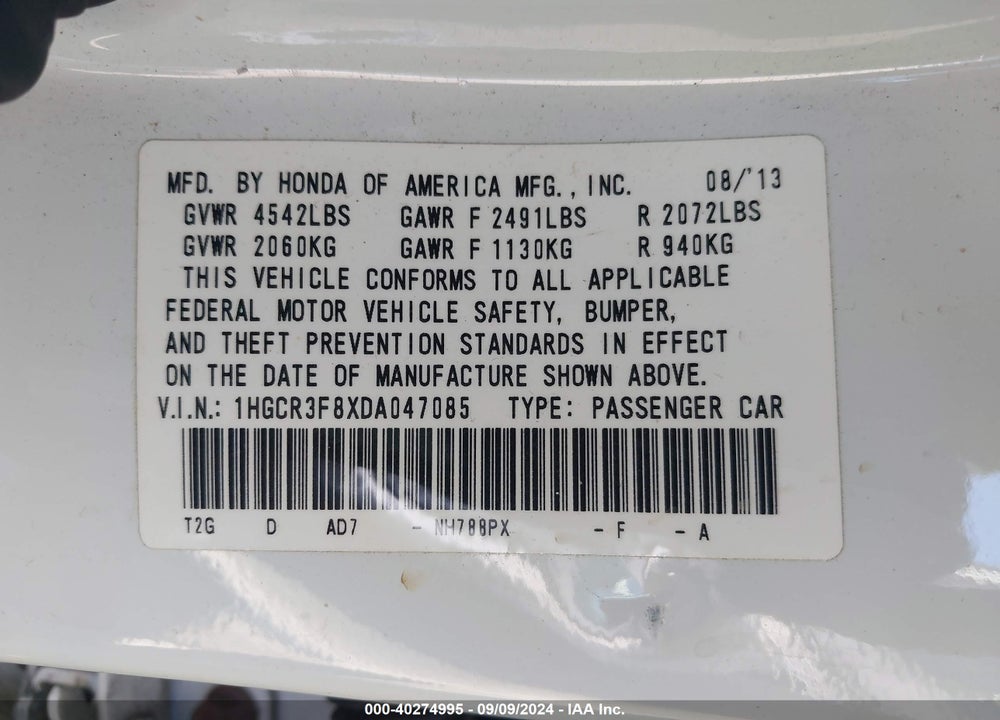 2013 HONDA ACCORD EX-L V-6 VIN: 1HGCR3F8XDA047085