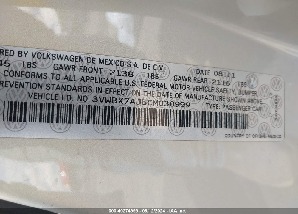 2012 VOLKSWAGEN JETTA 2.5L SE VIN: 3VWBX7AJ5CM030999