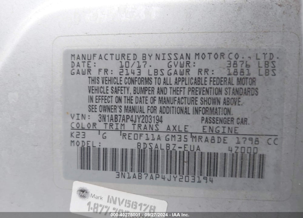 2018 NISSAN SENTRA S VIN: 3N1AB7AP4JY203194