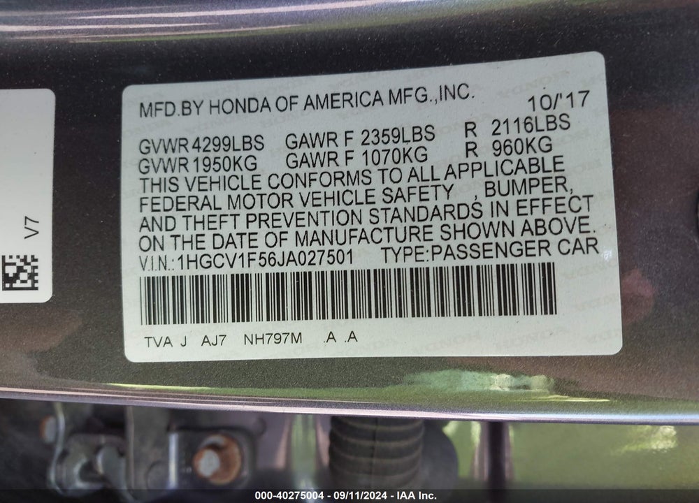 2018 HONDA ACCORD EX-L VIN: 1HGCV1F56JA027501
